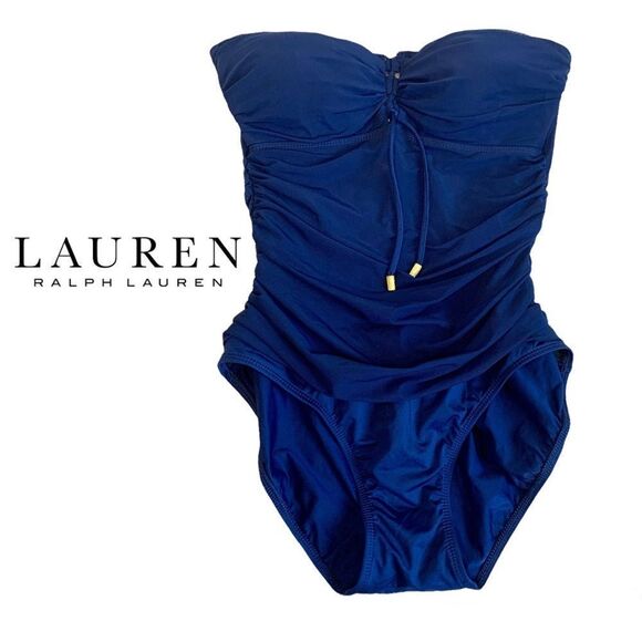Lauren Ralph Lauren navy blue ruched one piece swimsuit Sz 8 - Picture 1 of 6